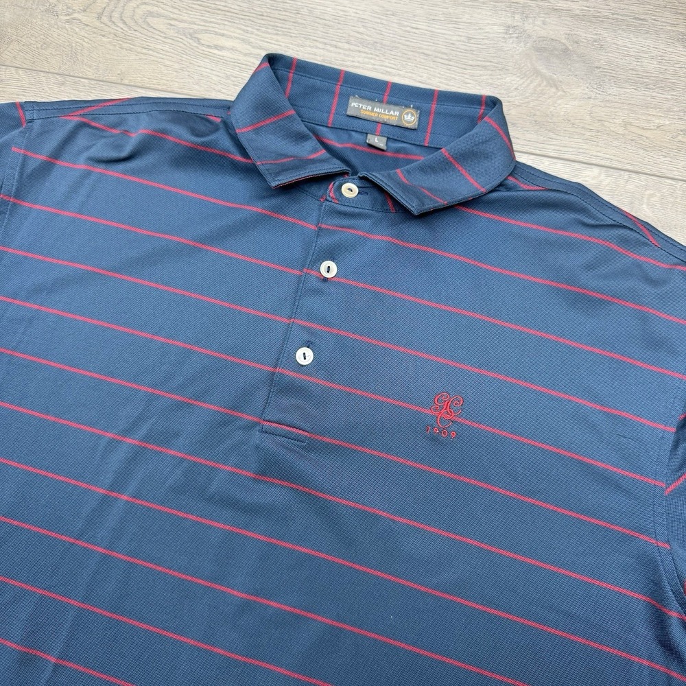 Peter Millar Summer Comfort Striped Polo Shirt Men's Sz L Golf Course Logo